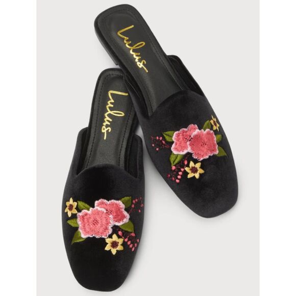 Lulu's Maggy Black‎ Velvet Embroidered Square-Toe Loafer Slides Size 9 - Picture 3 of 15